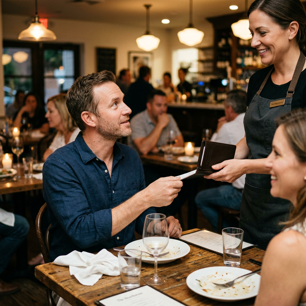 Man handing card to waitress for payment at restaurant table