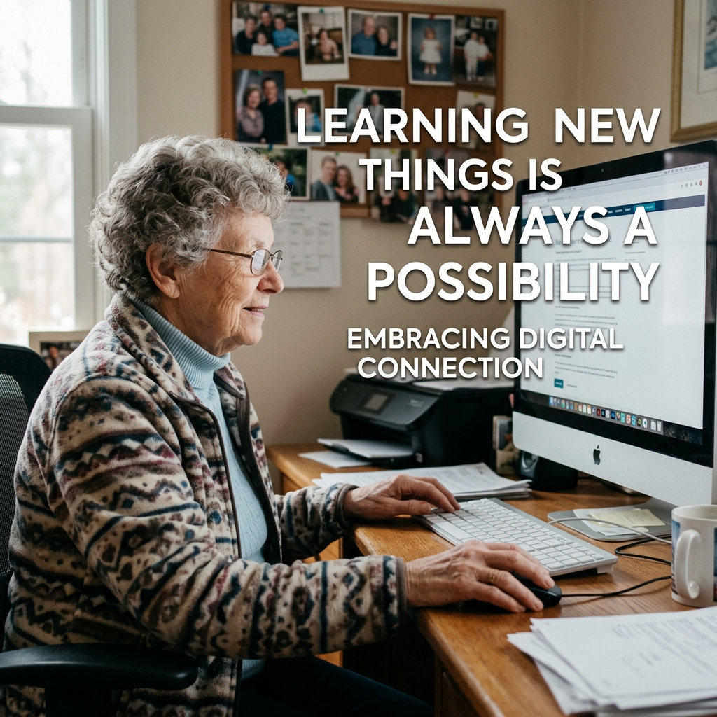 Elderly woman sitting at desk using computer for digital learning