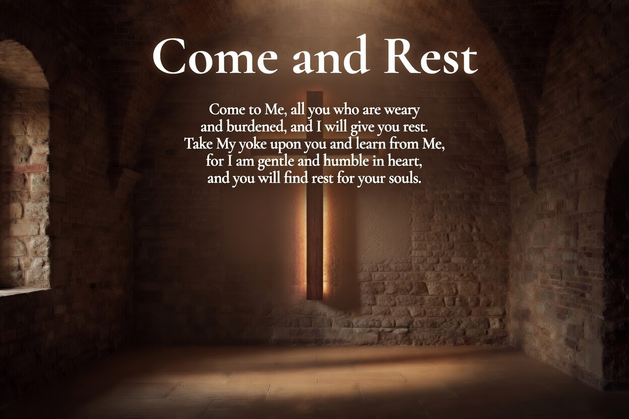 Devotional image: a dim stone chamber with warm light, title 'Come and Rest' and a comforting verse inviting rest in God.