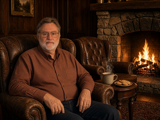 Older man with glasses sits in a leather armchair by a lit stone fireplace, a mug and plate of cookies on a side table nearby.